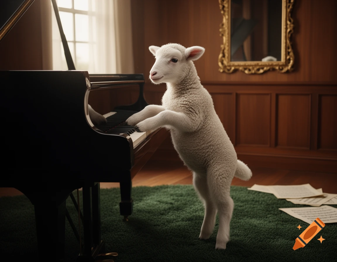 A fluffy lamb stands on its hind legs, seemingly playing a grand piano in a well-furnished room.
