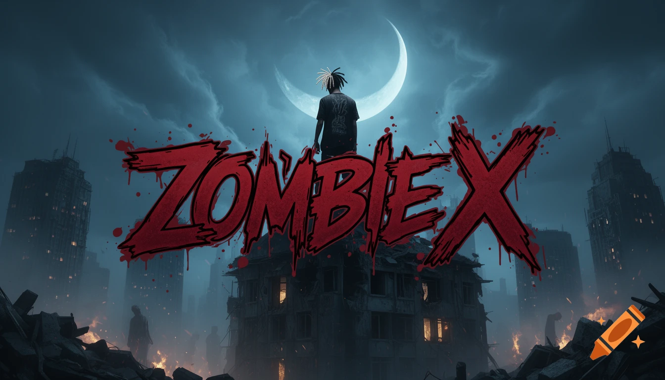 A person with dreadlocks stands on a ruined building against a crescent moon. Red 'ZOMBIE X' text covers a dystopian city with zombies and fires.