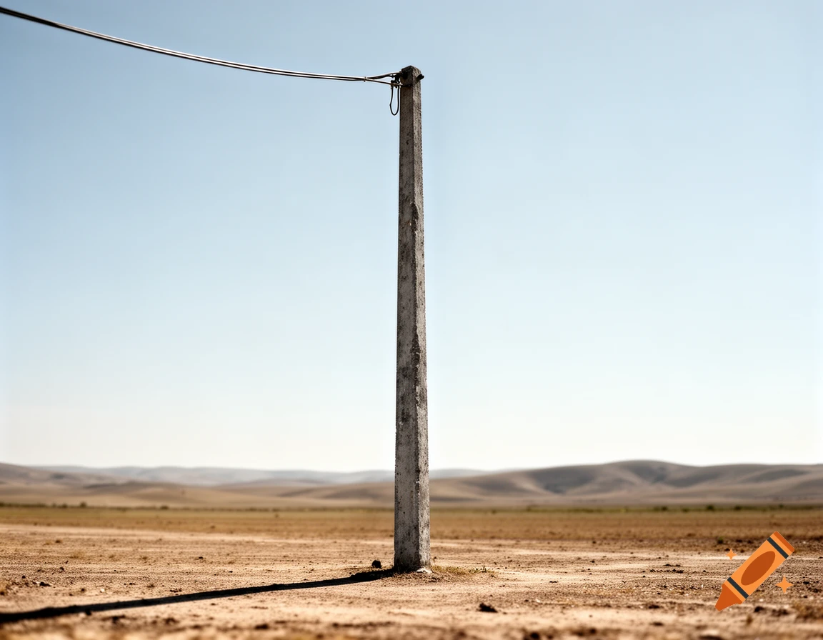 A single concrete utility pole with one conductor stands in a vast, dry, open landscape under a clear sky, casting a long shadow.