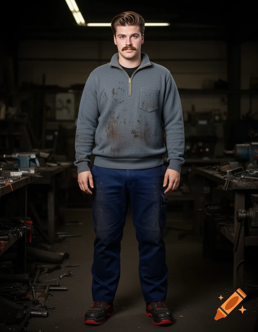 A man in a grey-blue work sweater and dark blue work pants stands in a dimly lit workshop, facing forward.