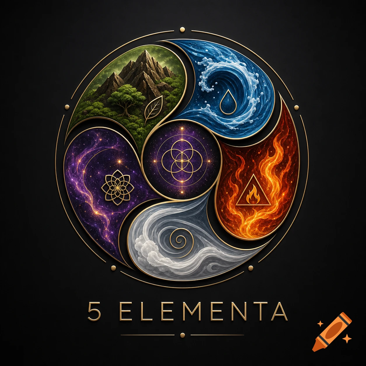 A detailed circular golden emblem with five sections representing the elements: earth, water, fire, air, and space, on a black background. Text below reads '5 ELEMENTA'.