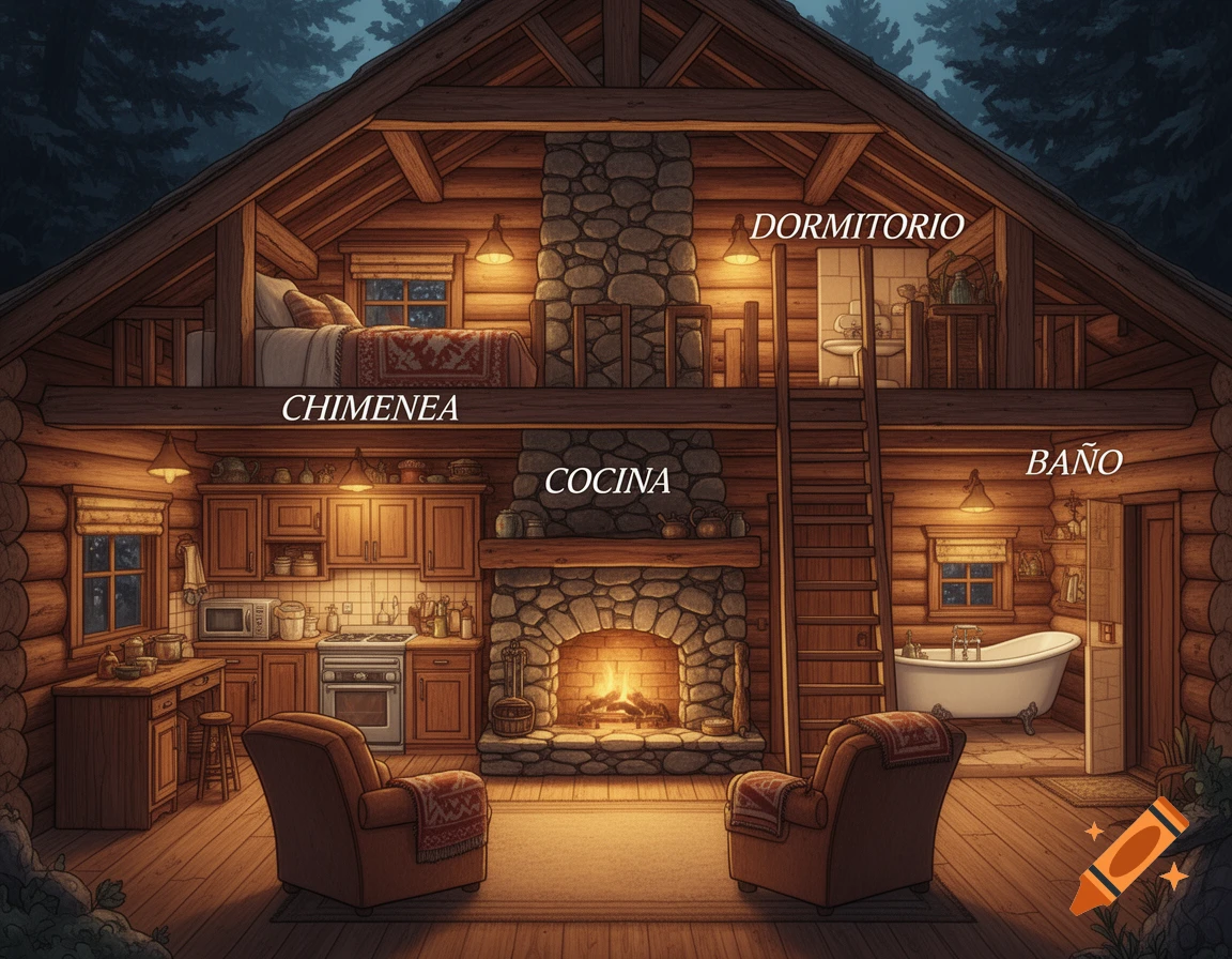 Illustrated cutaway of a cozy rustic log cabin interior with fireplace, kitchen, bathroom, and bedroom loft, labeled in Spanish.