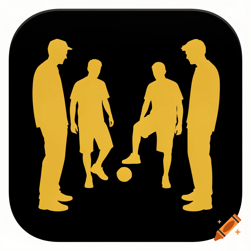 Gold silhouettes of four men in a circle around a ball, on a black background, in an app icon style.
