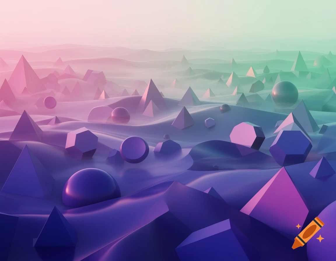 Abstract landscape of purple, pink, and green geometric shapes like pyramids, spheres, and octagons with a misty gradient.
