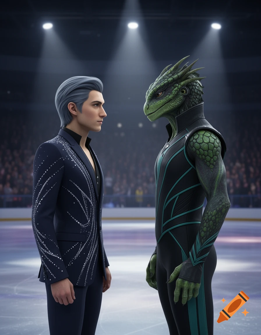 A human-like man in a sparkling blazer and a green reptilian alien in a sleek suit face each other on an ice rink under spotlights.