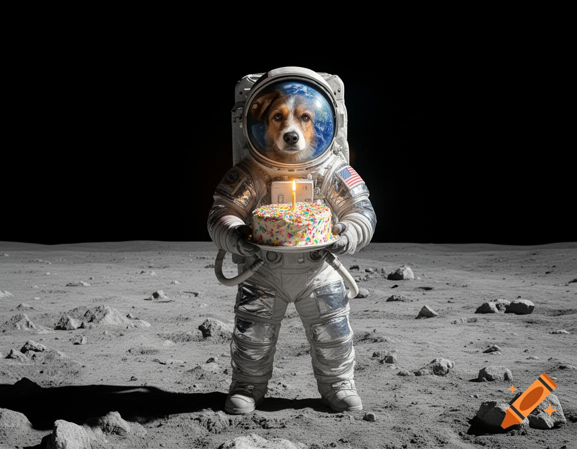 A photorealistic image of a dog in an astronaut suit standing on the moon, holding a birthday cake with a lit candle.