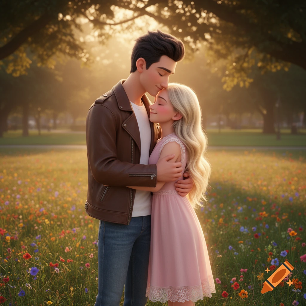 Animated couple hugging in a sunlit field filled with wildflowers, bathed in warm light.