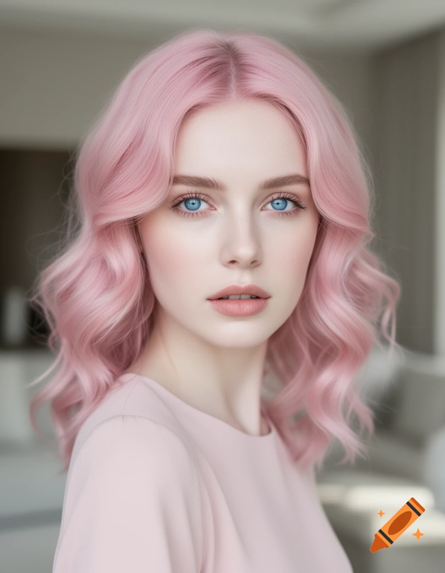 Photorealistic portrait of a young woman with baby pink wavy hair, pale skin, and bright blue eyes, wearing a light pink top.