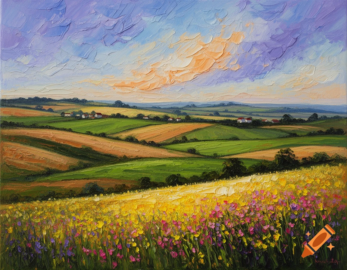 Impressionistic oil painting of a vibrant country landscape with rolling fields, wildflowers, and a textured sky.