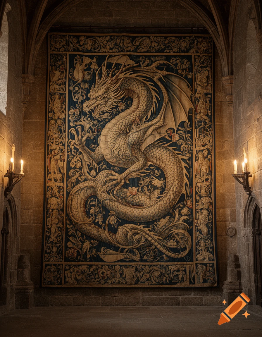 A large, ornate tapestry depicting a coiled dragon hangs in a dimly lit, medieval stone hall with sconces.