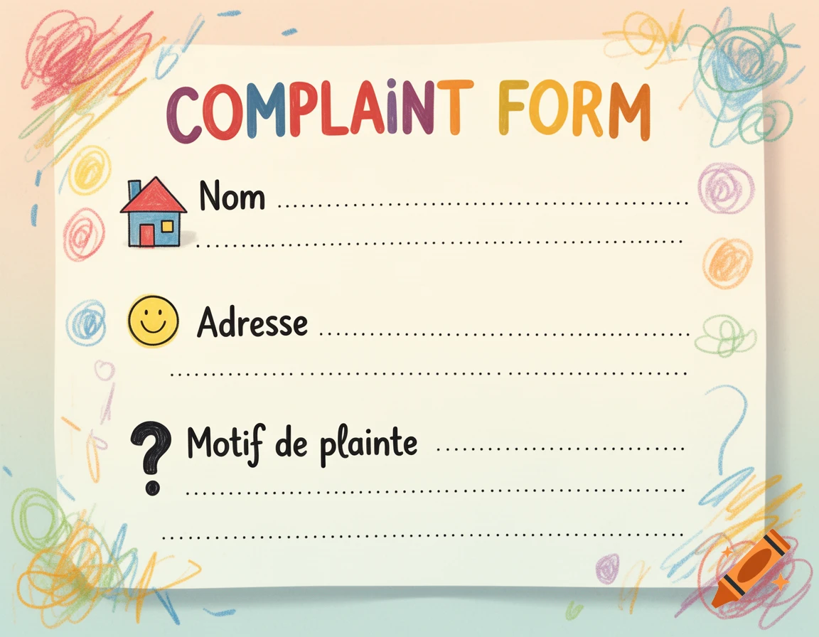 A child's 'COMPLAINT FORM' with fields for name, address, and reason, featuring cute icons and colorful scribbles.