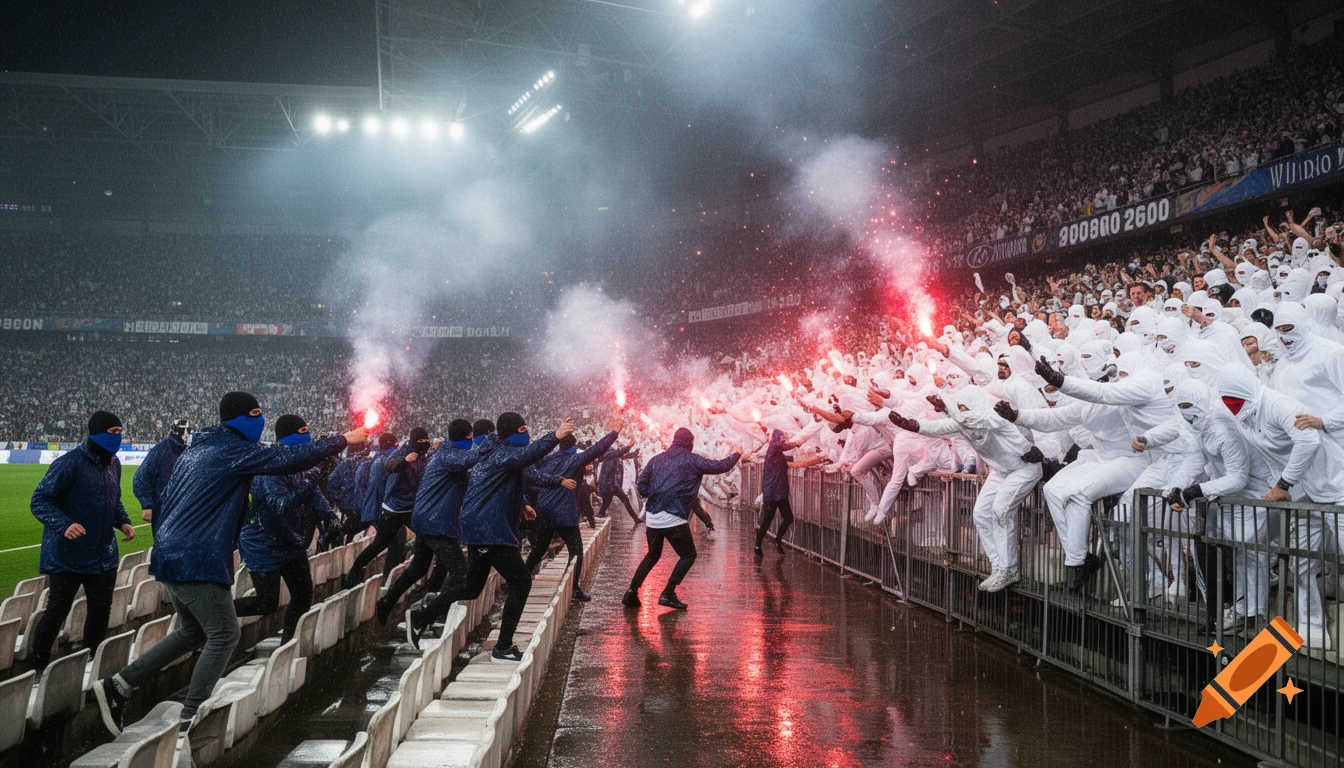 Massive crowd of football ultras in a stadium, some in blue raincoats and balaclavas, others in white full-body suits, throwing red pyrotechnics in a chaotic, photorealistic scene.