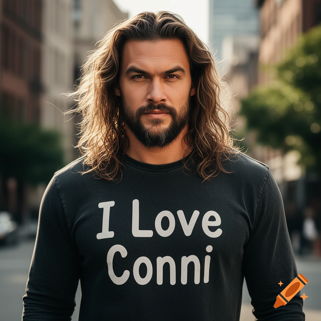 Photorealistic portrait of Jason Momoa on a city street, wearing a black long-sleeve shirt that reads 'I Love Conni'.
