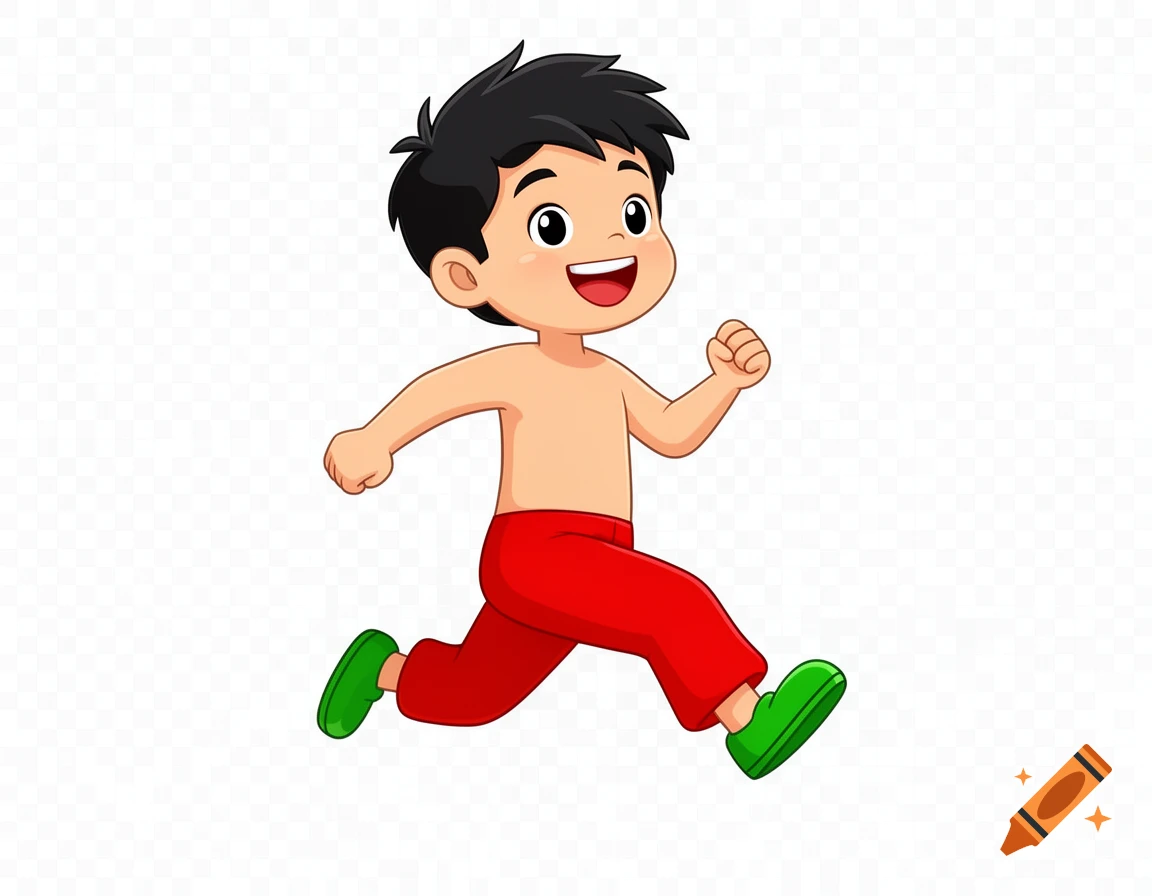 A happy cartoon boy with black hair, red pants, and green shoes runs across a transparent background.