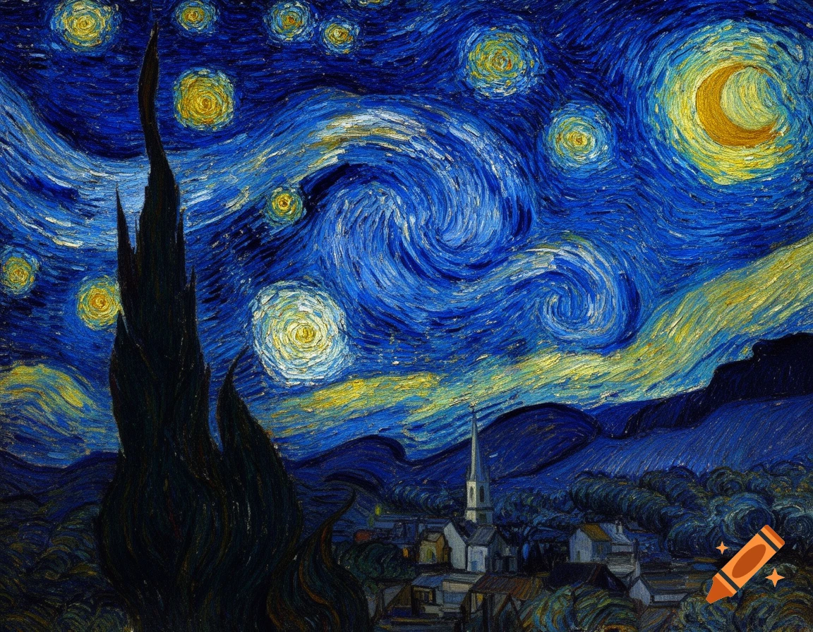 A vibrant painting in the style of Van Gogh's Starry Night, depicting a dark cypress tree against a swirling blue and yellow night sky with bright stars, a crescent moon, and a village with a church spire below.