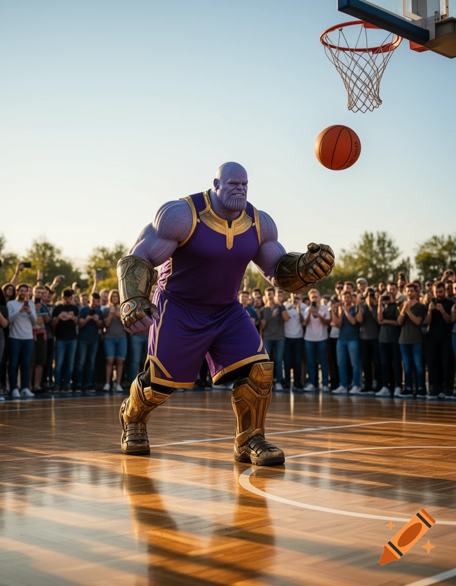 Photorealistic image of Thanos in a purple and gold basketball uniform on an outdoor court, dribbling a basketball with a crowd watching.