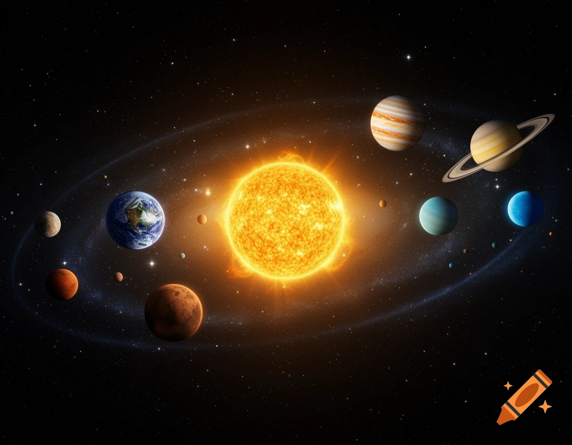 A vibrant depiction of the solar system with a large, glowing sun at the center, surrounded by multiple planets orbiting in space.