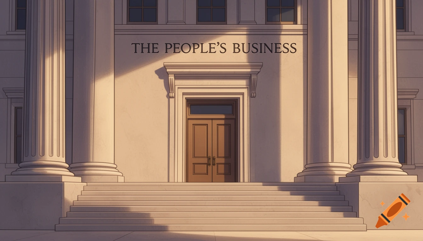 Illustrated front of a grand government building with columns, steps, and "THE PEOPLE'S BUSINESS" inscribed above the entrance.