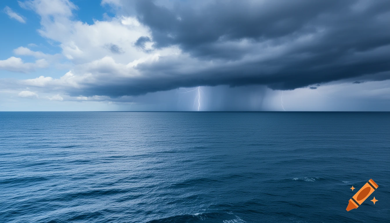 Photorealistic image of a vast dark blue ocean under a stormy sky with lightning strikes and rain in the distance.