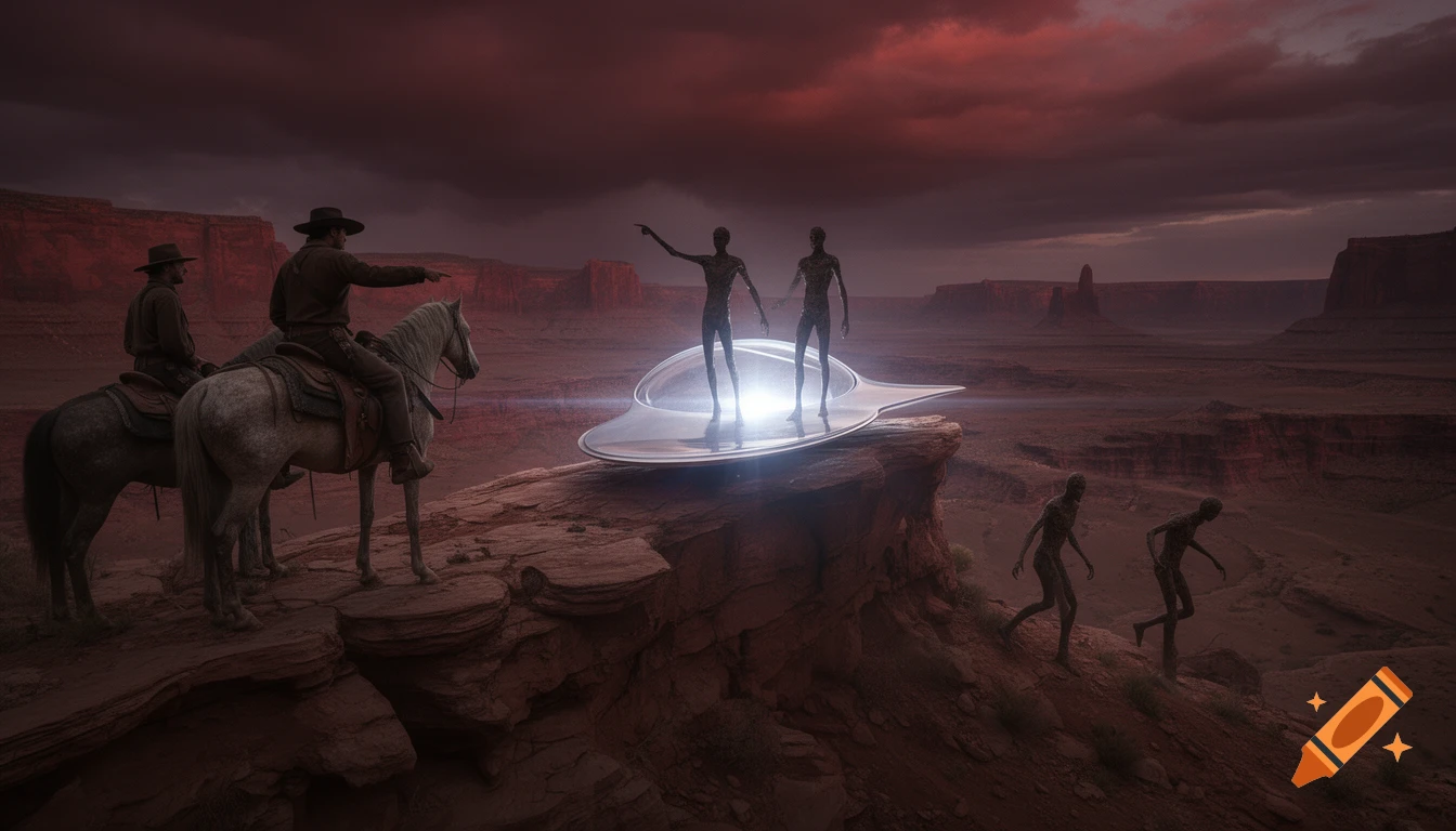 Two cowboys on horseback observe a UFO and emerging alien figures in a dramatic, dark red desert canyon at dusk.