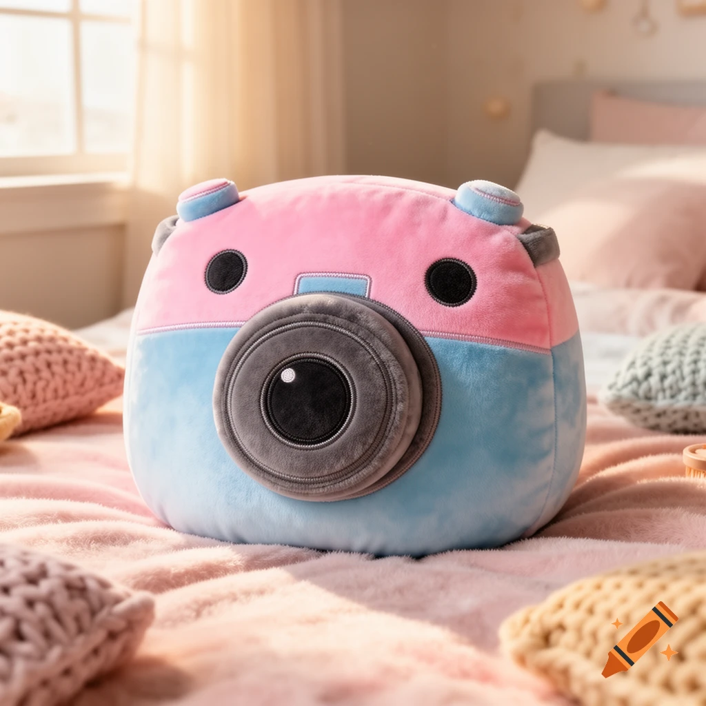 A pink and blue camera-shaped plush toy sits on a textured pink blanket in a bright bedroom.