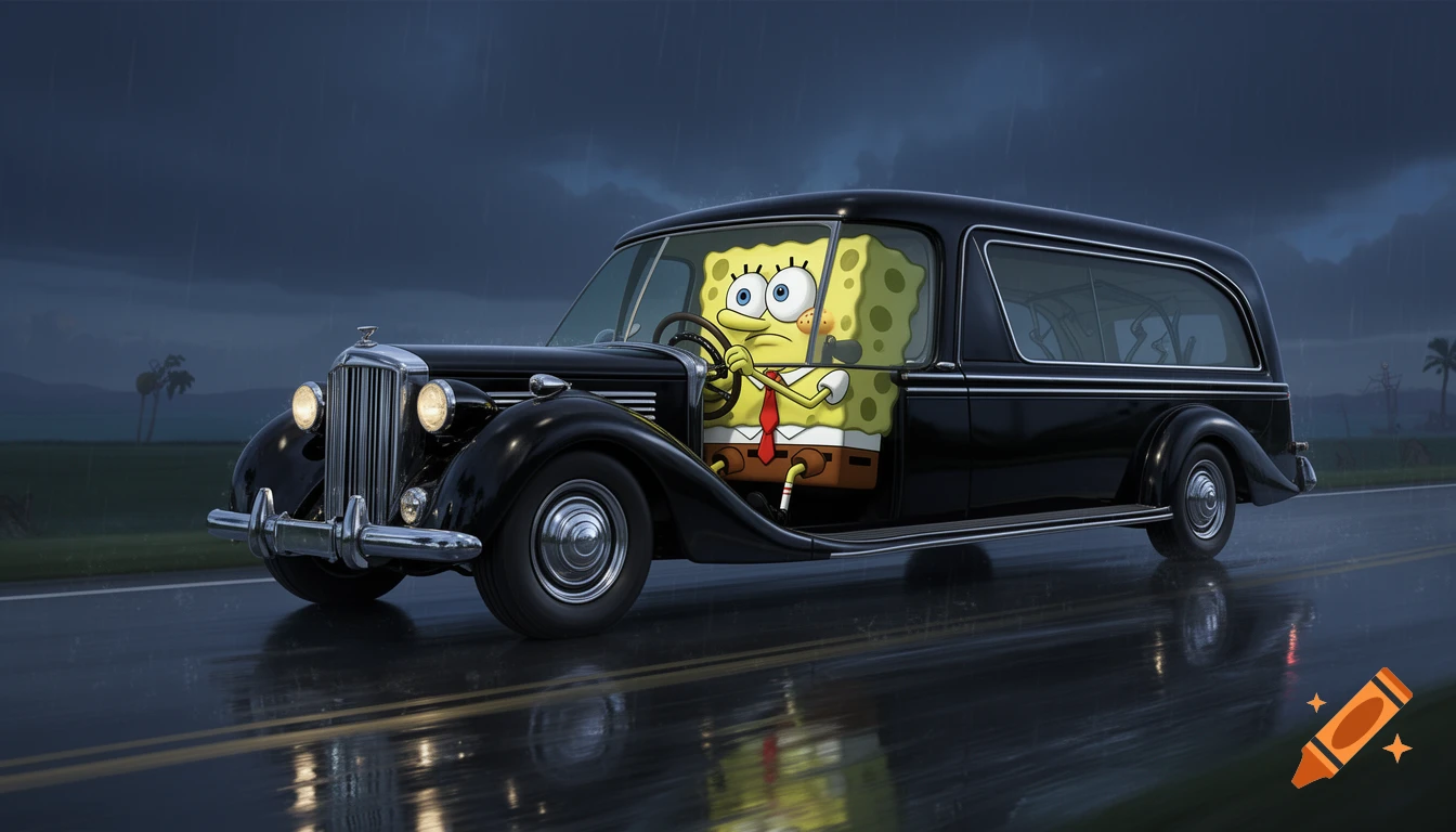 SpongeBob SquarePants with a serious expression drives a sleek black vintage hearse on a wet road under a stormy sky in a cartoon style.