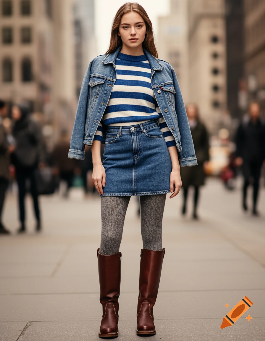 A young woman in a denim jacket, blue and white striped sweater, denim mini skirt, grey tights, and brown knee-high boots stands on a city street.