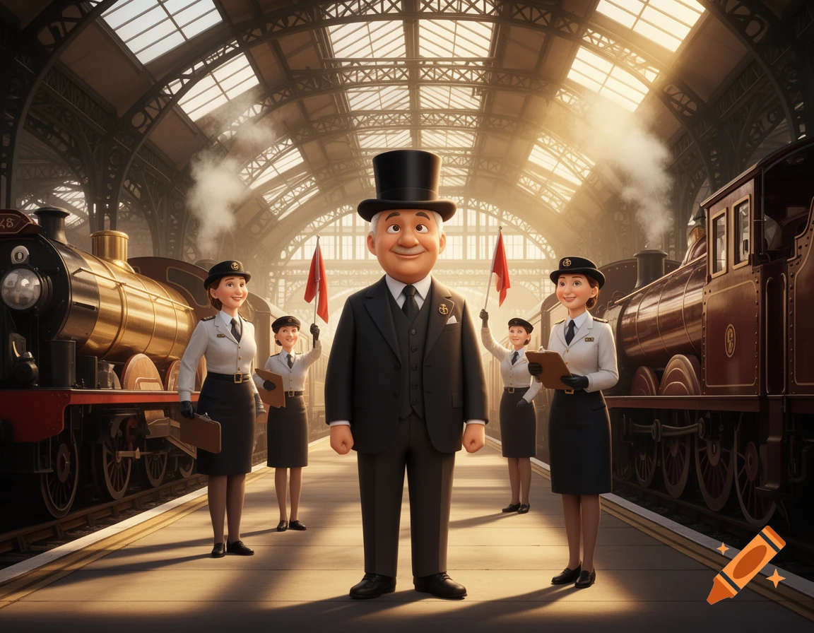 Sir Topham Hatt and his female assistants stand on a platform between two steam trains at a grand station, rendered in a 3D animated style.