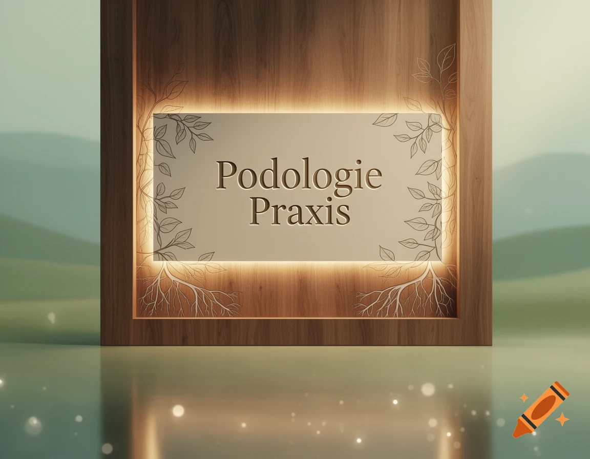 A wooden sign with "Podologie Praxis" (Podiatry Practice) carved into it, illuminated by a warm glow and decorated with elegant leaf and root patterns.