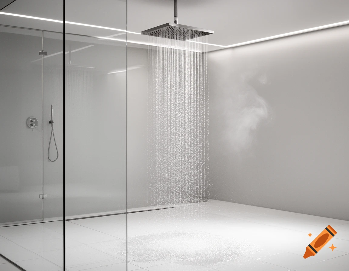 A modern, minimalist bathroom with a square rain showerhead spraying water onto the tiled floor, creating steam.