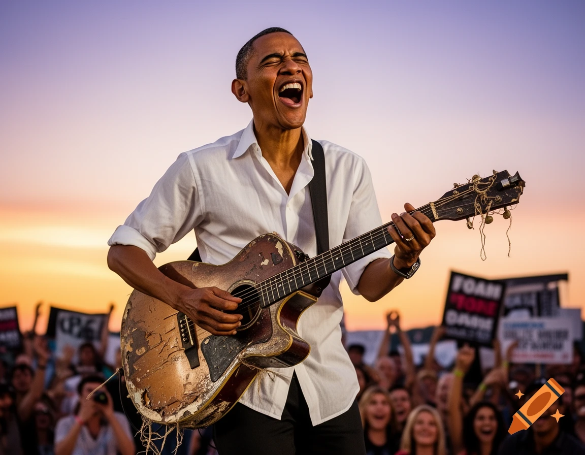 Barack Obama passionately sings and plays a very worn acoustic guitar to a cheering crowd at sunset.