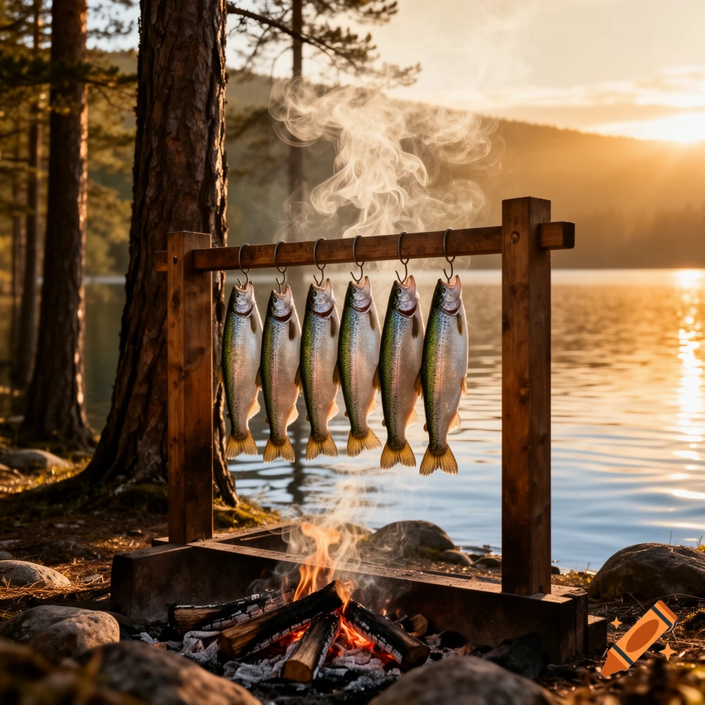 Photorealistic image of trout smoking over a campfire next to a serene lake at sunset, surrounded by pine trees.
