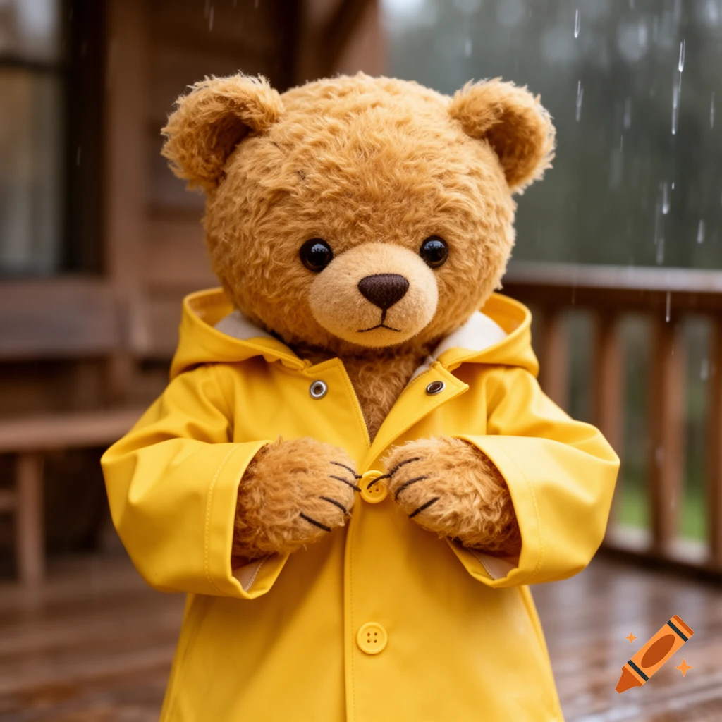 A fluffy brown teddy bear in a yellow raincoat buttons up its coat on a rainy wooden porch.