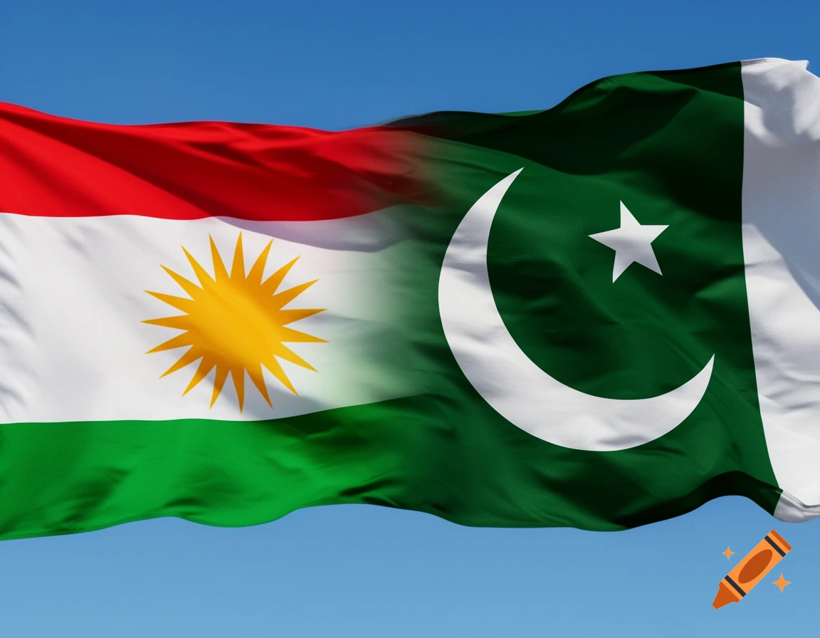 The flags of Kurdistan and Pakistan are merged and waving against a blue sky.