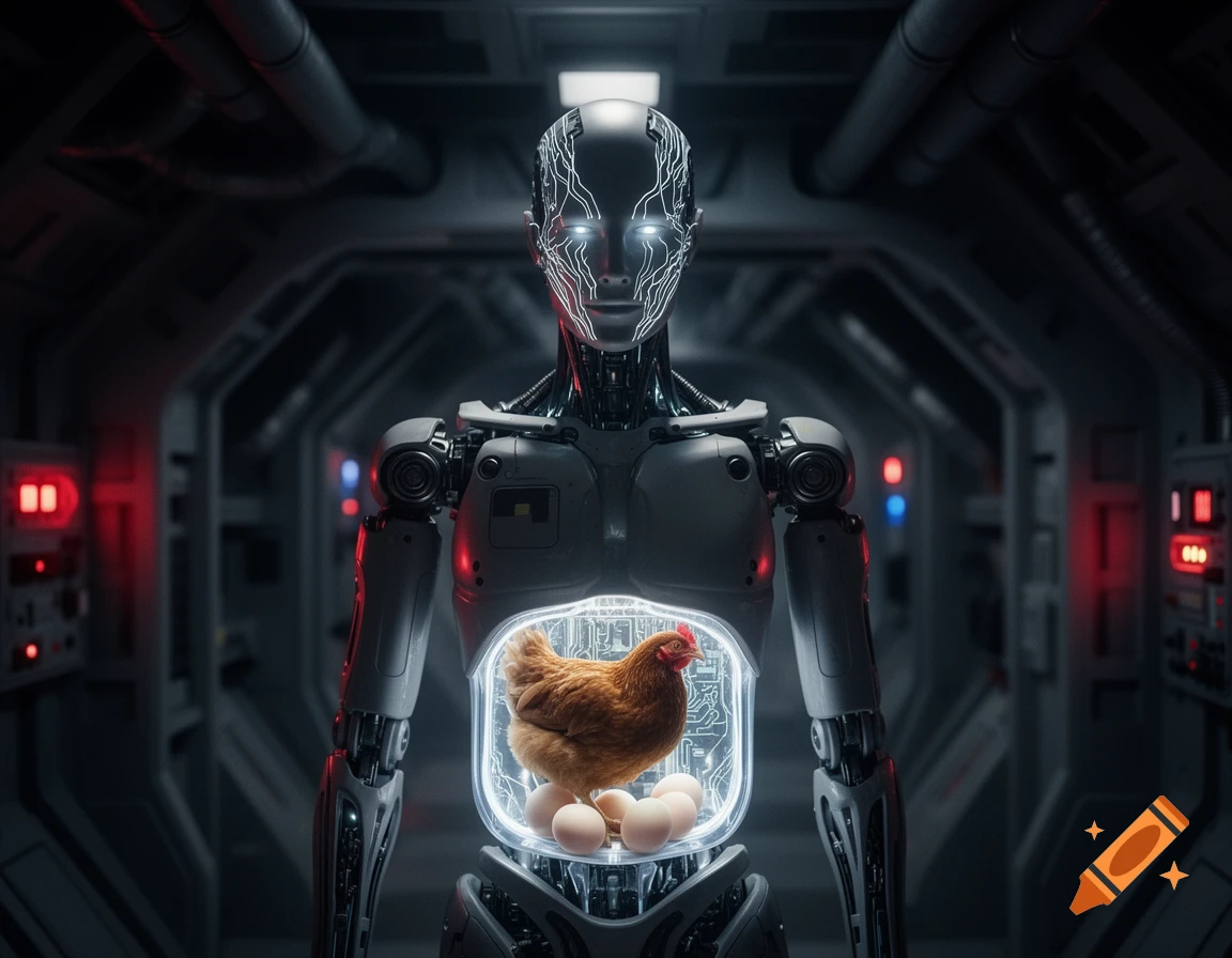 A humanoid space android with a transparent stomach compartment holding a chicken and eggs, in a spaceship interior.