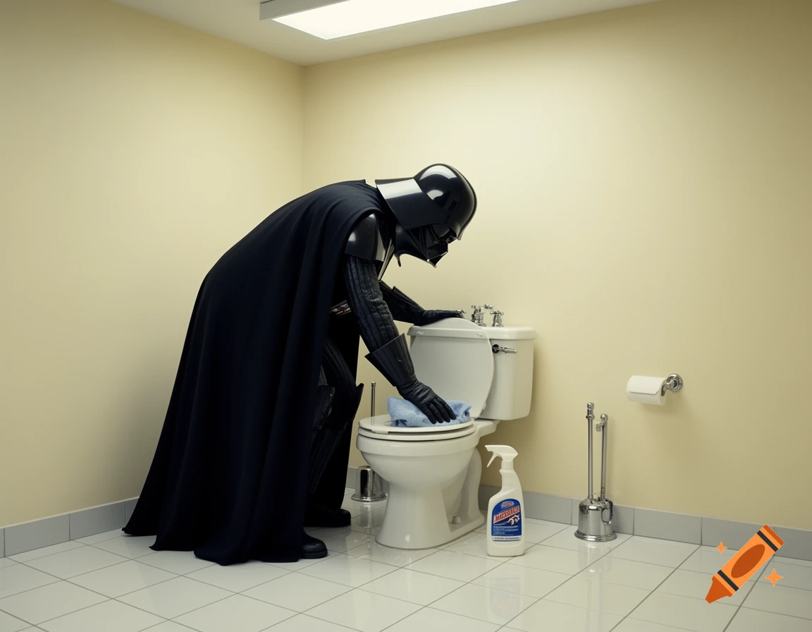 Darth Vader in a black suit and cape, bending over to clean a white toilet with a blue cloth in a tiled bathroom.