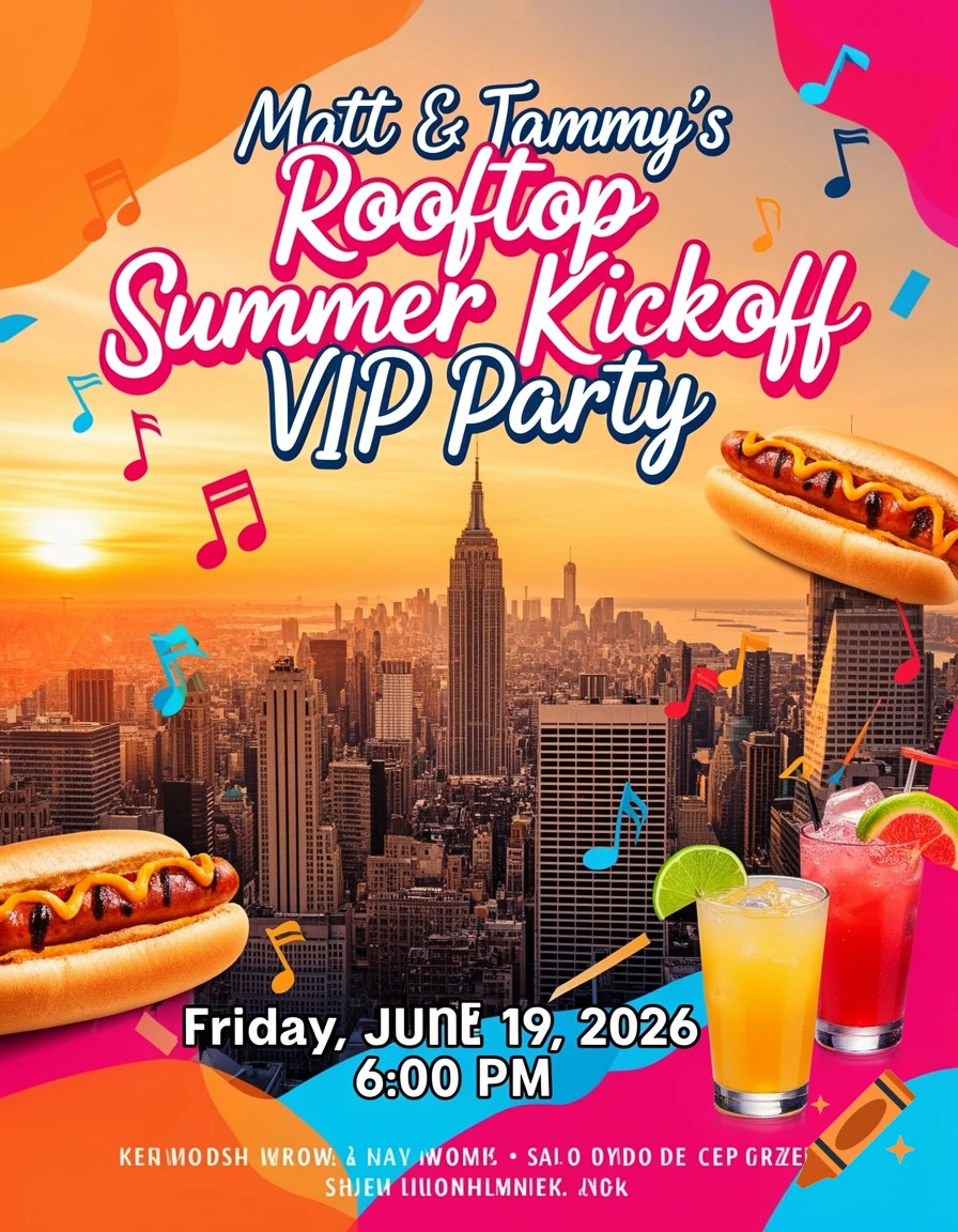 Colorful invitation flyer for a rooftop summer party with NYC skyline, hotdogs, cocktails, and music notes.