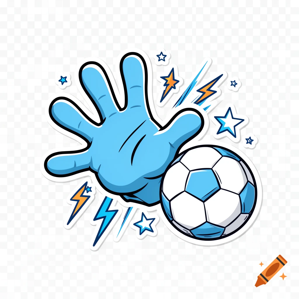 Cartoon sticker of a sky blue hand reaching for a white and blue soccer ball, surrounded by stars and lightning bolts with thick outlines.