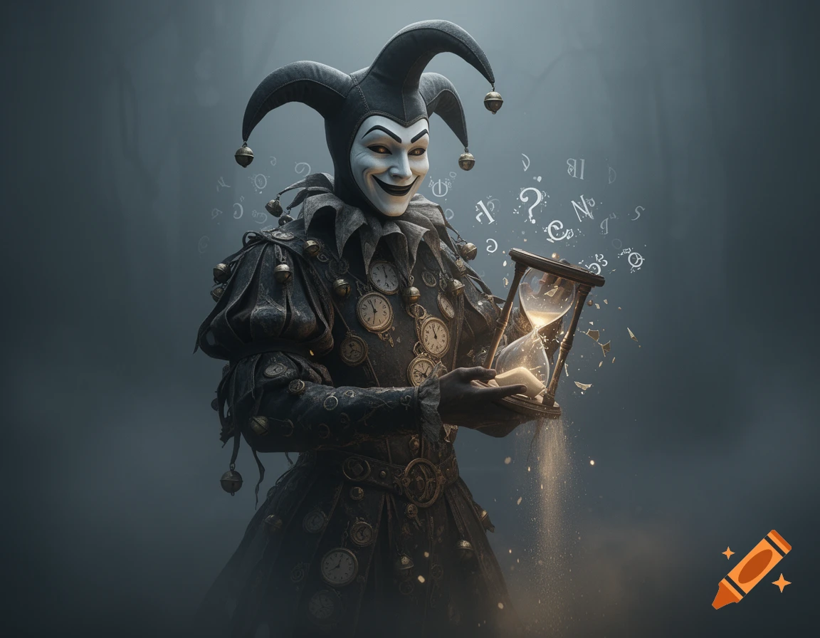 A dark fantasy jester with a pale mask, elaborate costume adorned with clocks and bells, holds a broken hourglass with sand and glowing symbols of time floating around him in a foggy atmosphere.