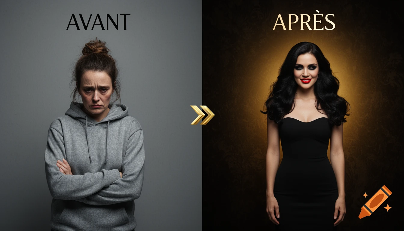 Split panel showing a woman transforming from a tired look in a grey hoodie to a glamorous, confident look in a black dress.