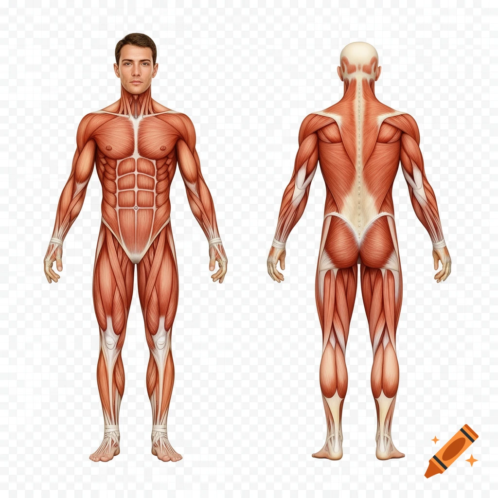 Front and back anatomical illustration of an adult male human body showing the muscular system on a transparent background.