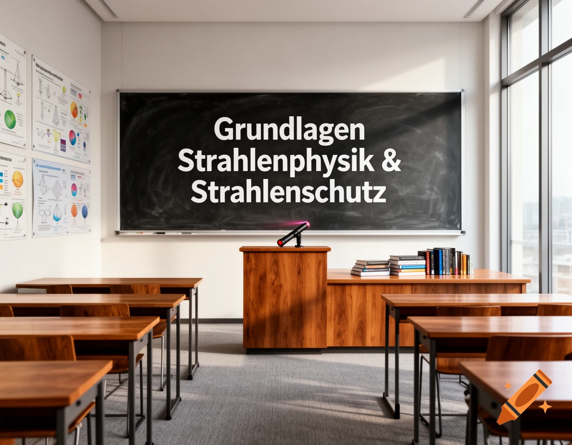 A modern classroom with a large blackboard displaying "Grundlagen Strahlenphysik & Strahlenschutz", wooden desks, and a large window.