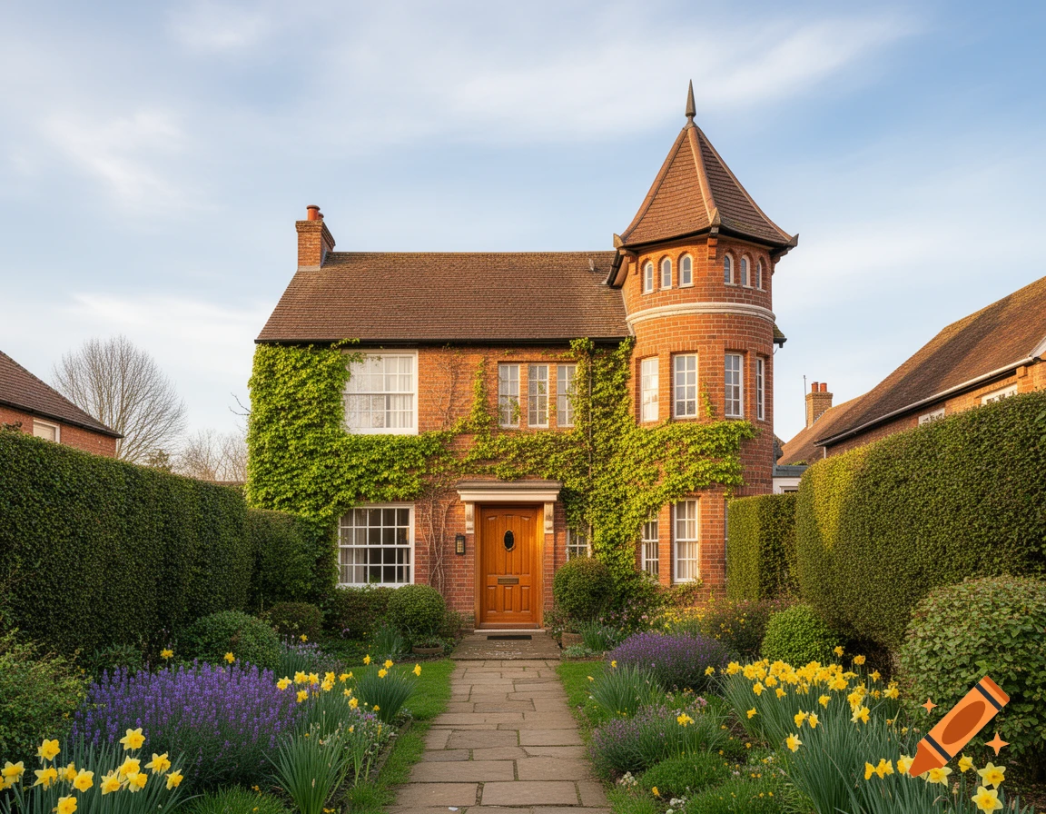A charming brick house with a turret, ivy, and a garden path lined with yellow and purple flowers and green hedges.