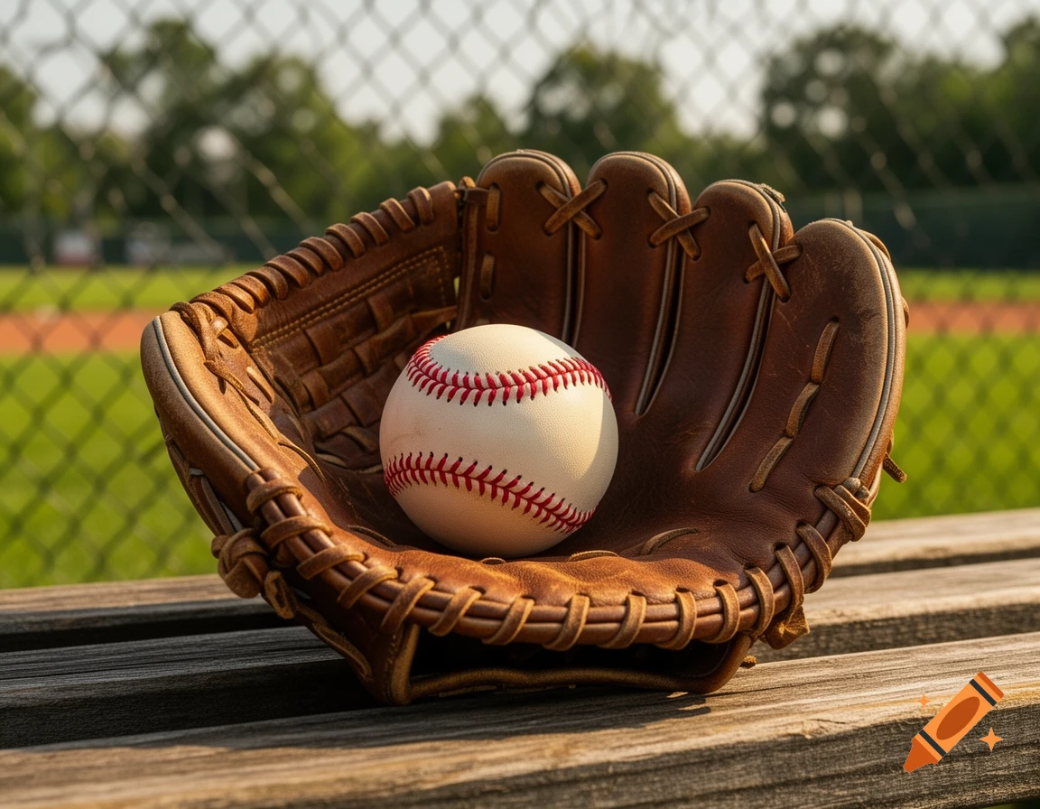 A baseball rests in a leather baseball glove on a wooden bench at a sunny baseball field.