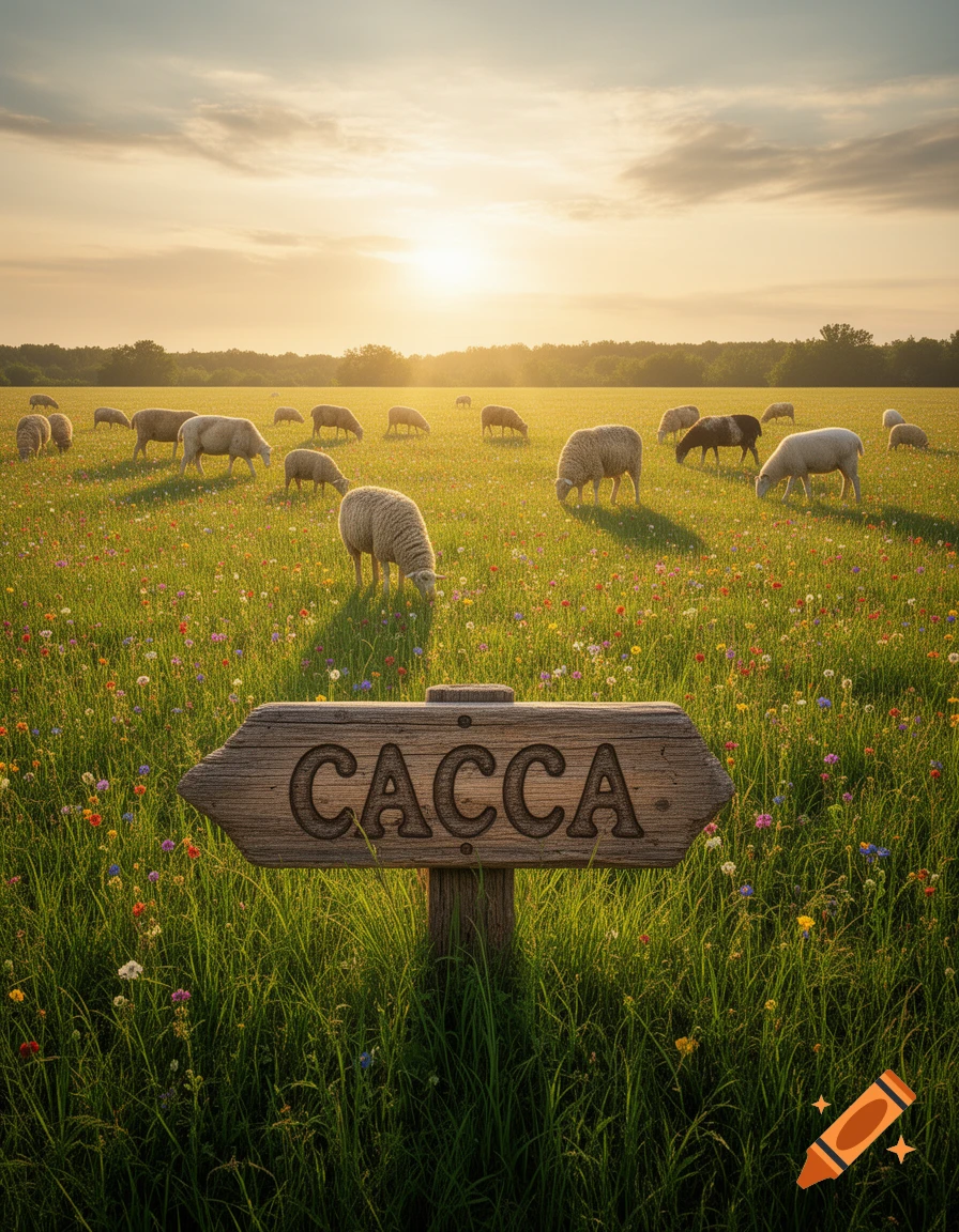 A photorealistic image of sheep grazing in a vibrant wildflower field at sunset, with a wooden sign reading 'CACCA' in the foreground.