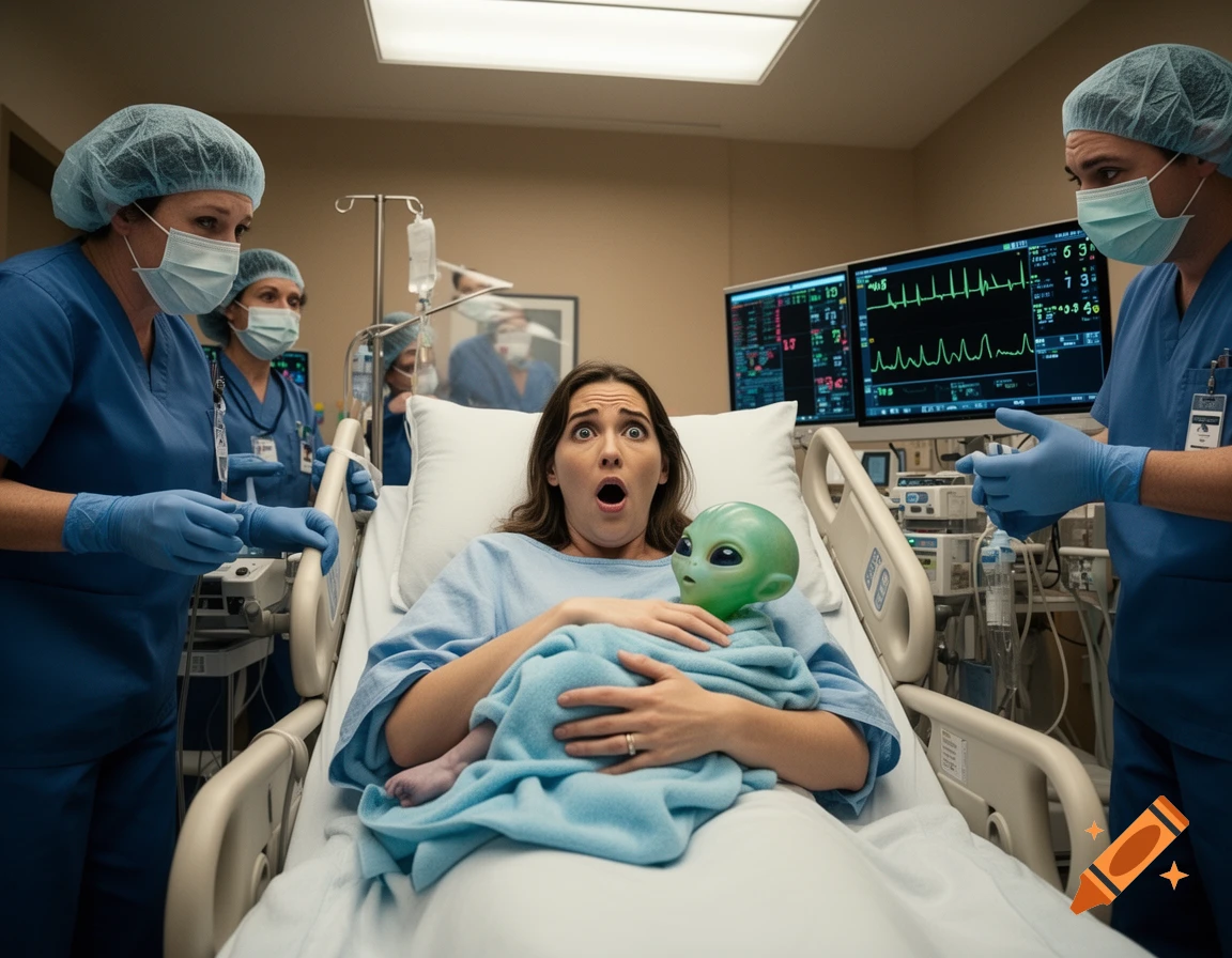 A shocked woman in a hospital bed holds a green alien baby as medical staff in masks and scrubs look on, with vital signs displayed on monitors in the background.
