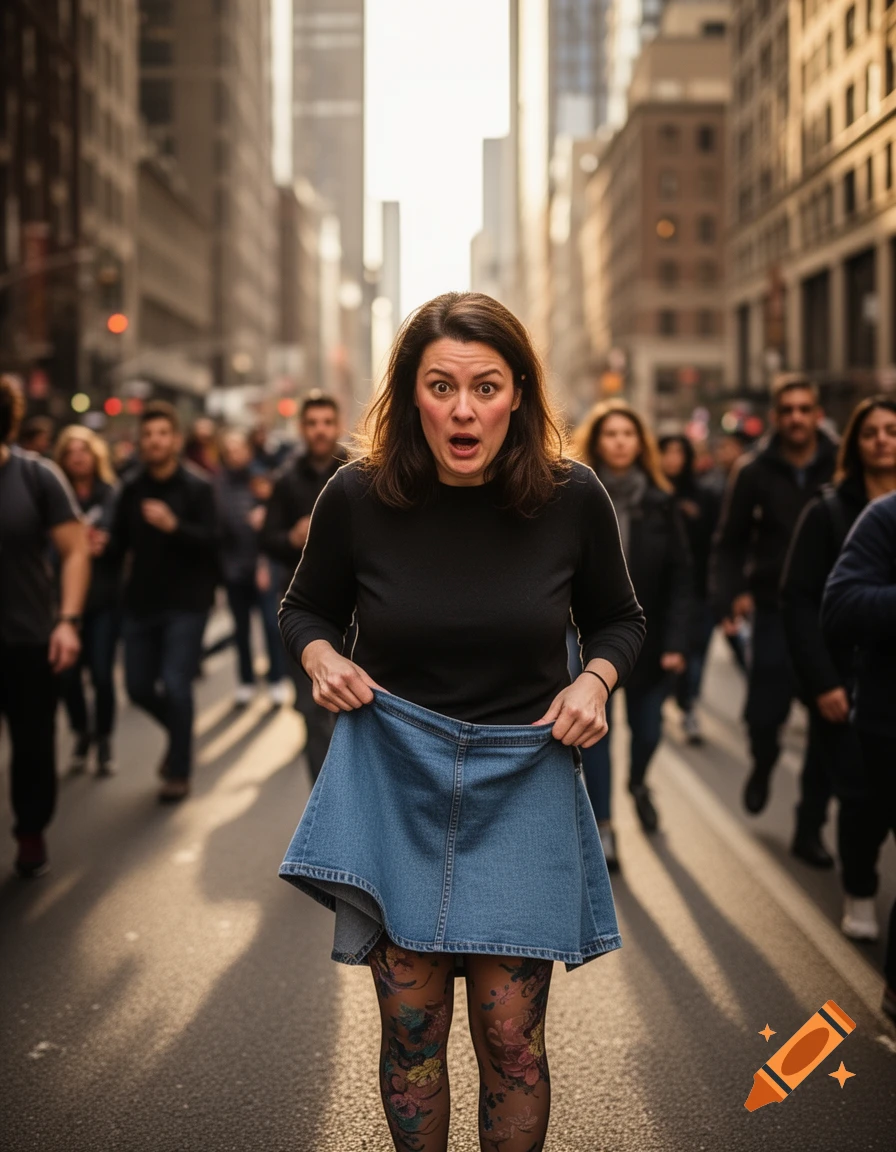 A woman with a shocked expression pulls down her denim skirt, revealing patterned tights, on a busy city street.
