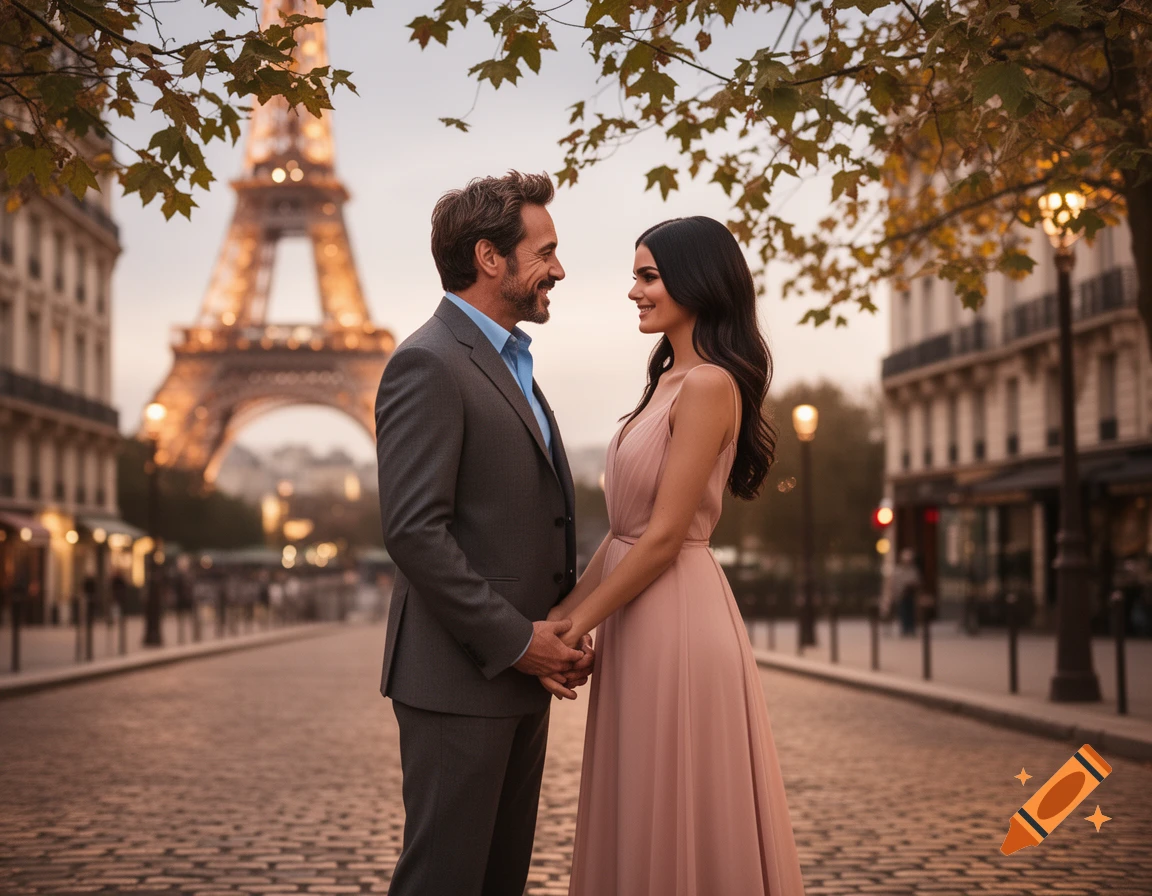 Photorealistic image of a couple holding hands on a cobblestone street in Paris at dusk, with the Eiffel Tower behind them.