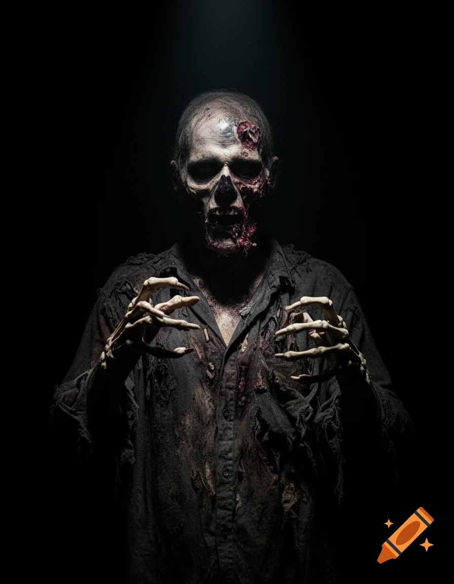 A close-up, dimly lit image of a decaying zombie with exposed flesh and skeletal hands, wearing a ripped shirt.