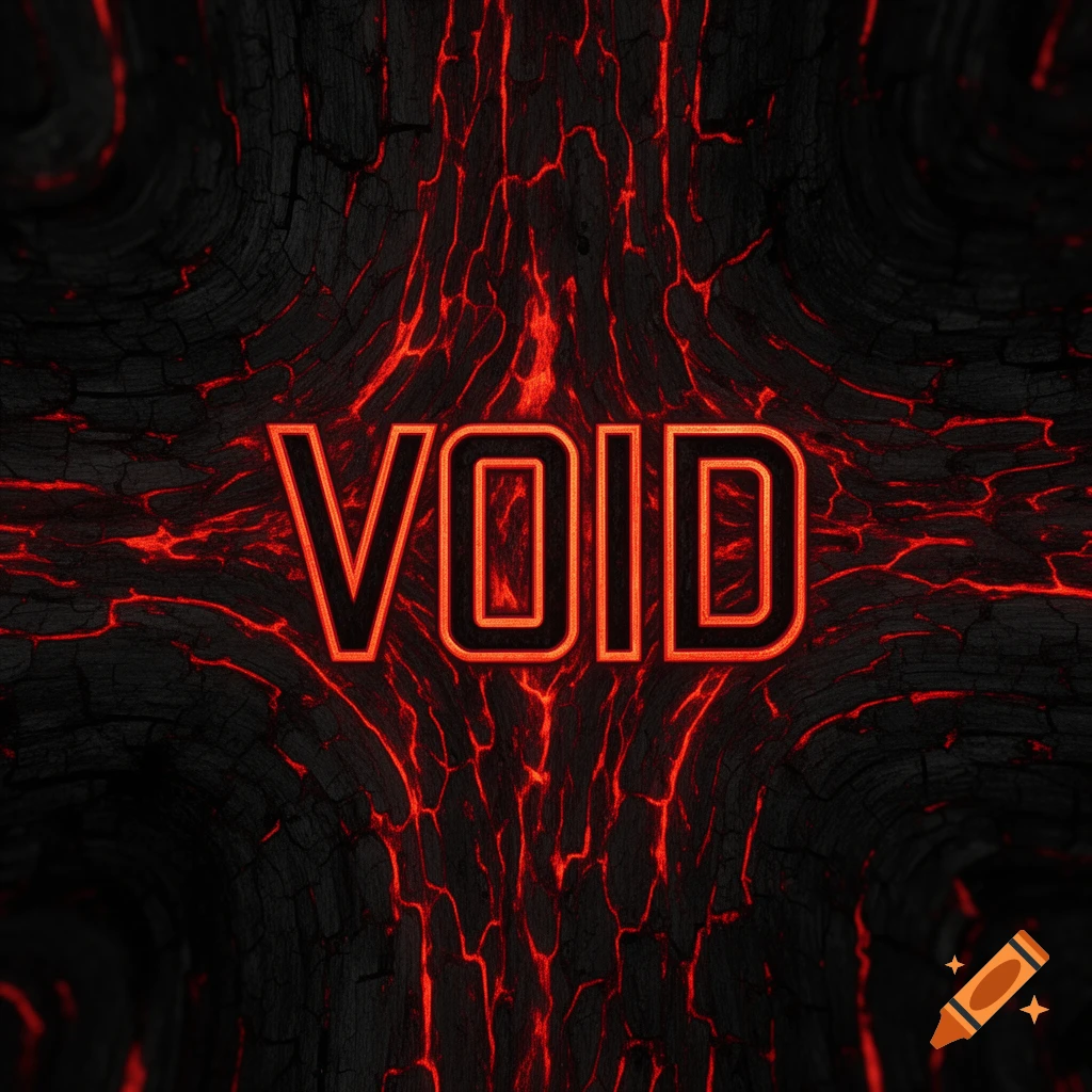 The word VOID in fiery red outlines against a dark, cracked, lava-like background.